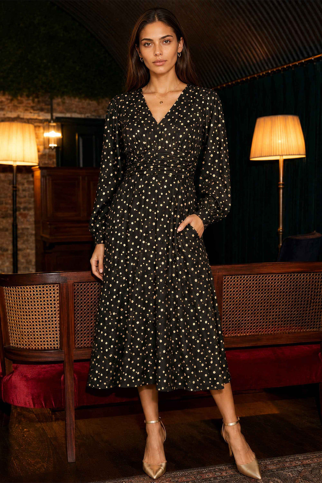 Yumi Black Foil Print Midi Dress