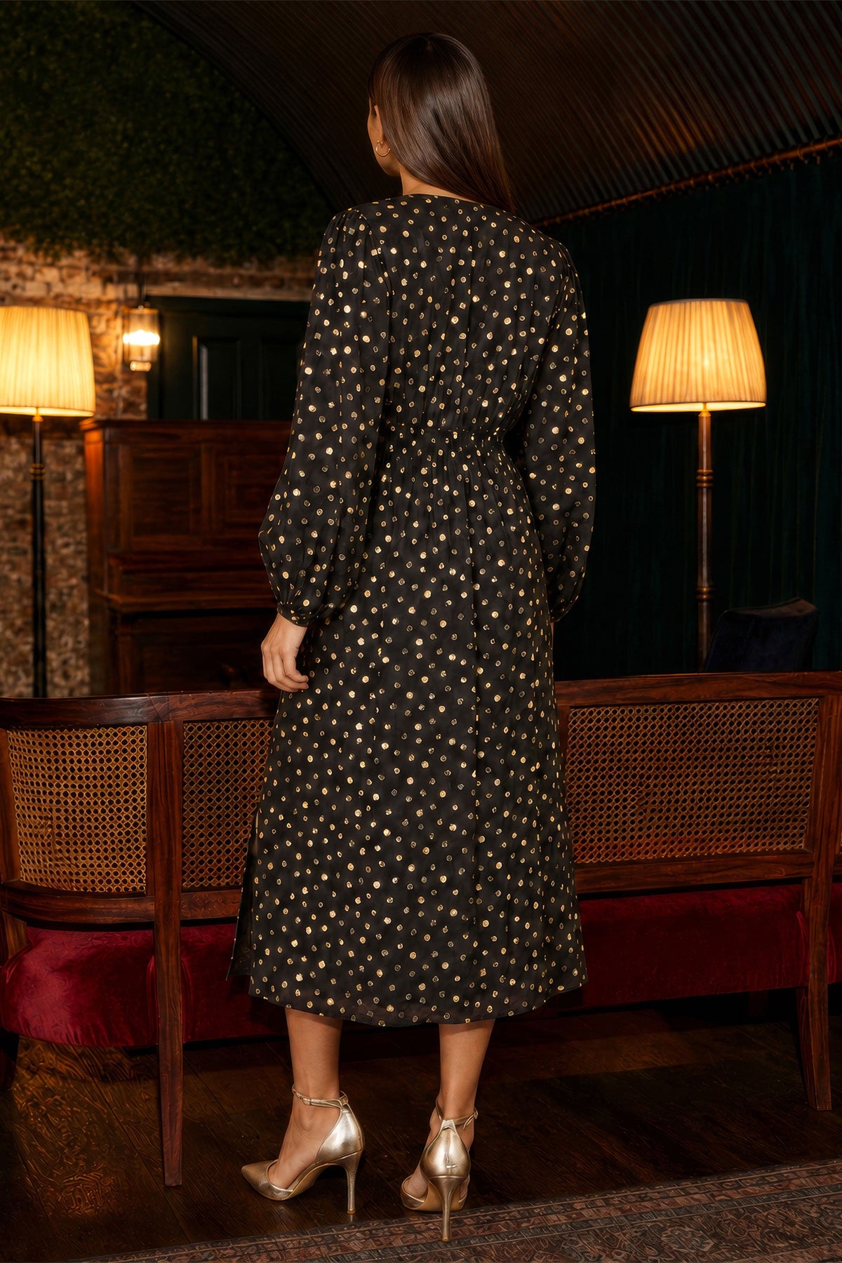 Yumi Black Foil Print Midi Dress