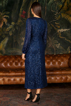 Yumi Navy Sequin Long Sleeve Midi Dress