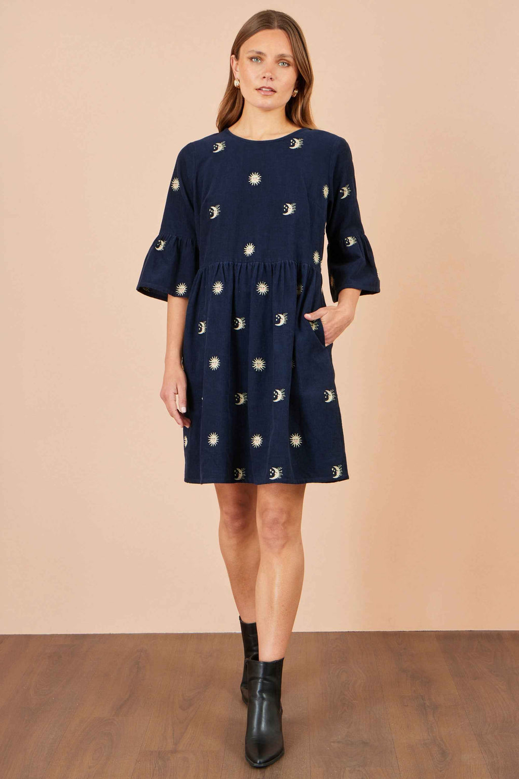 Yumi Navy Cosmic Embroidered Cord Tunic
