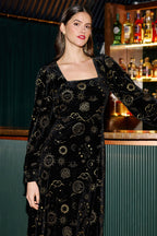 Yumi Black Cosmic Foil Print Midi Dress