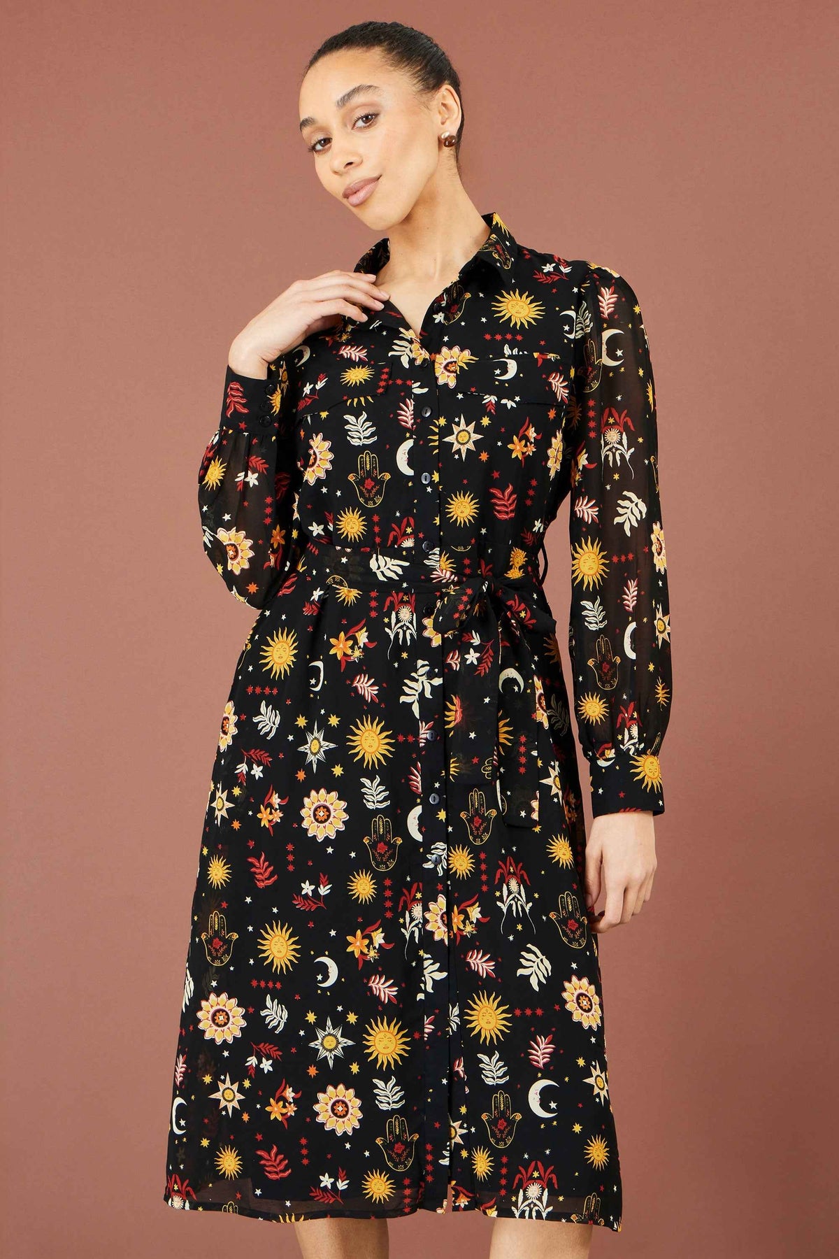 Yumi Black Cosmic Midi Shirt Dress