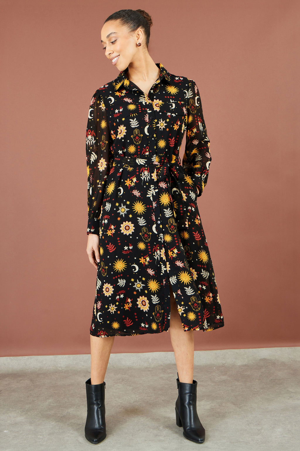 Yumi Black Cosmic Midi Shirt Dress