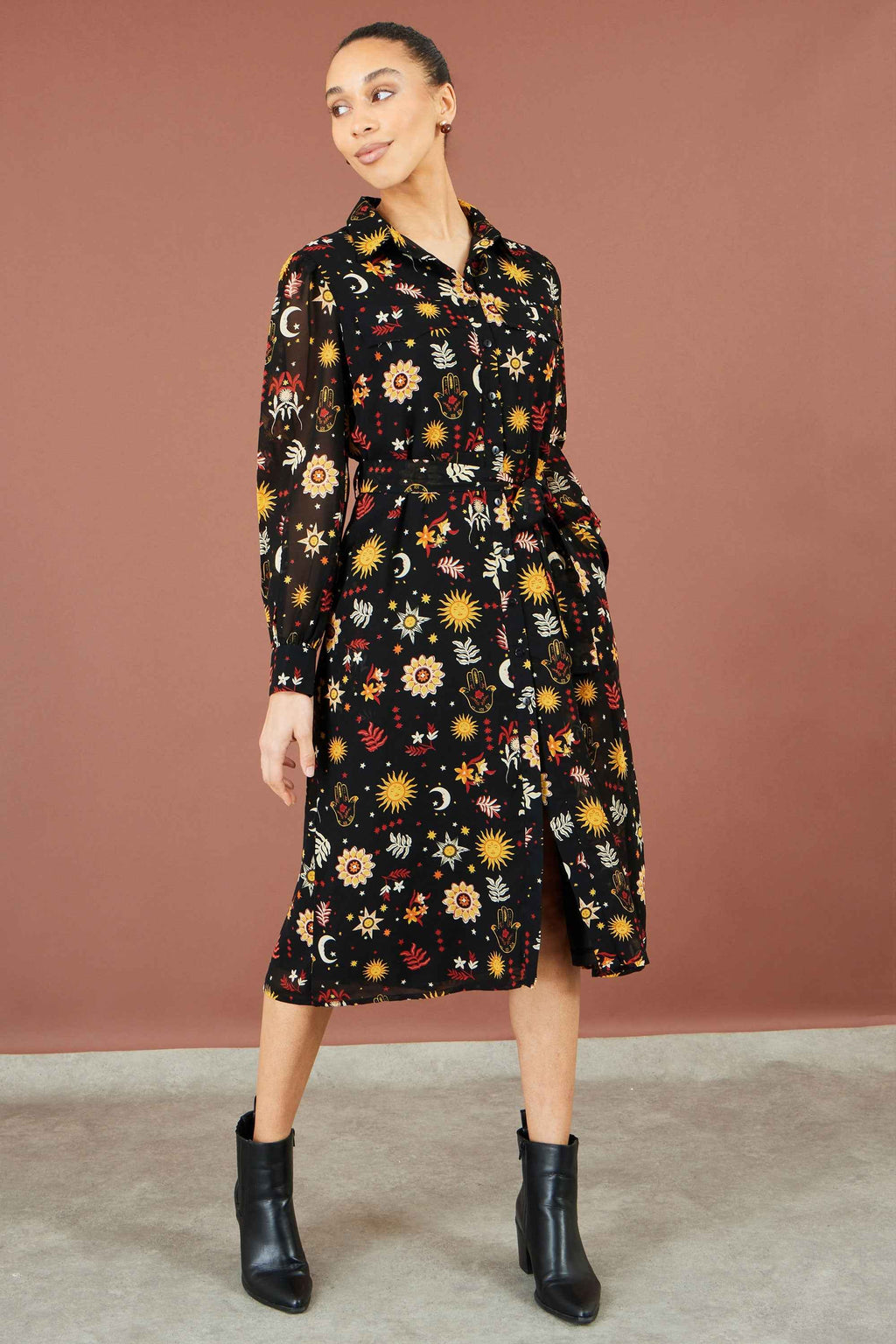 Yumi Black Cosmic Midi Shirt Dress