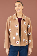 Yumi Brown Embroidered Daisy Fleece Jacket
