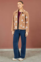 Yumi Brown Embroidered Daisy Fleece Jacket