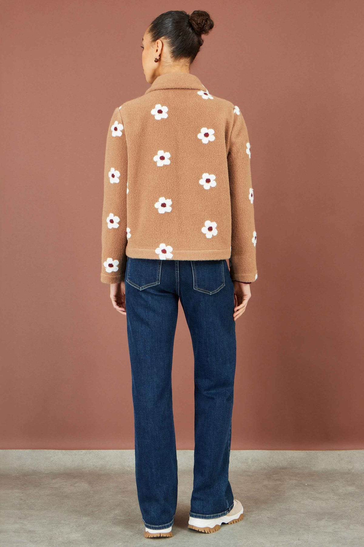 Yumi Brown Embroidered Daisy Fleece Jacket