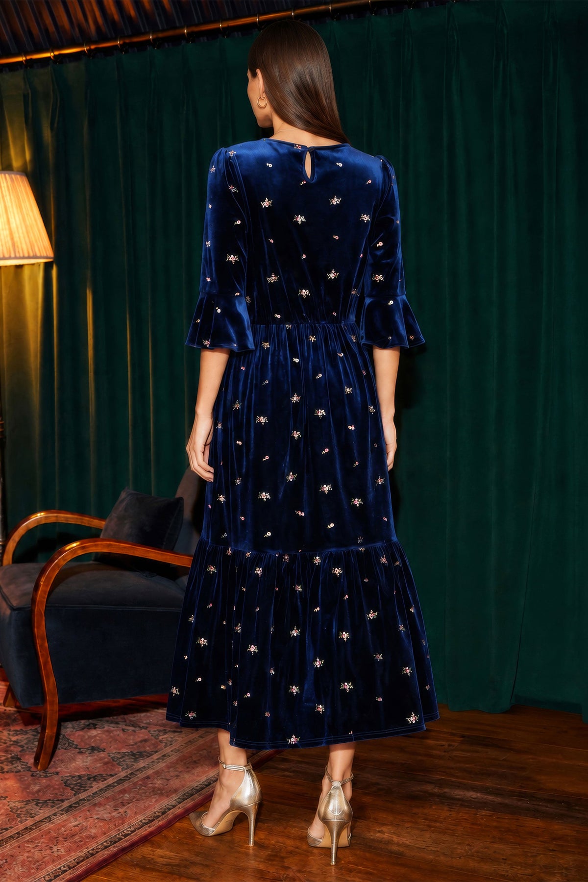 Yumi Navy Velvet Embroidered Midi Dress
