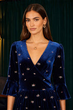 Yumi Navy Velvet Embroidered Midi Dress