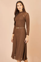Yumi Brown High Neck Lace Midi Dress