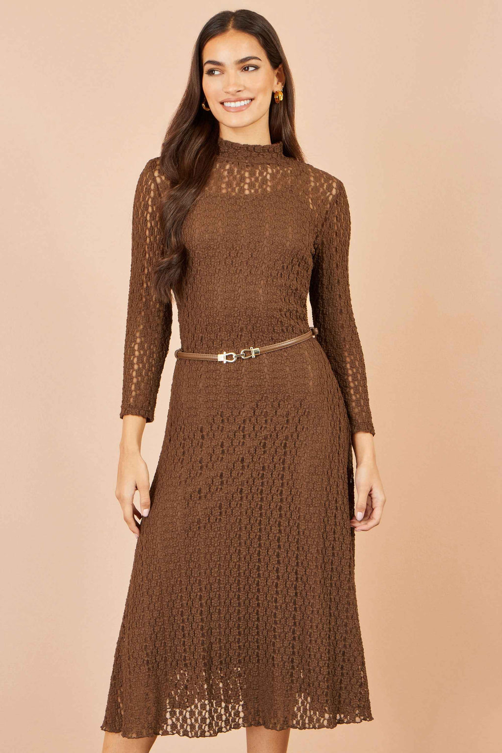 Yumi Brown High Neck Lace Midi Dress