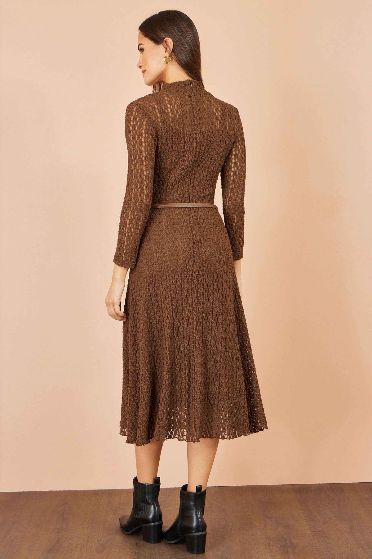 Yumi Brown High Neck Lace Midi Dress