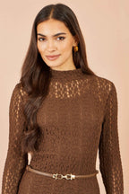 Yumi Brown High Neck Lace Midi Dress