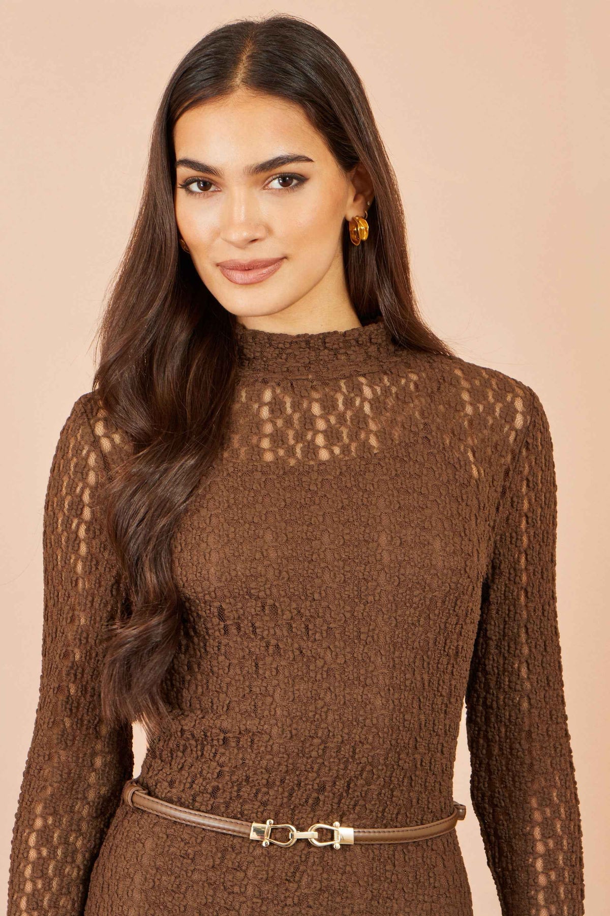 Yumi Brown High Neck Lace Midi Dress