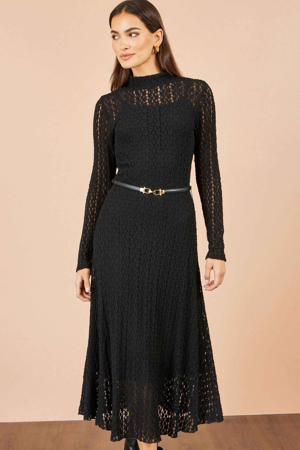 Yumi Black High Neck Lace Midi Dress