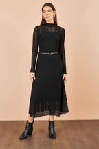 Yumi Black High Neck Lace Midi Dress