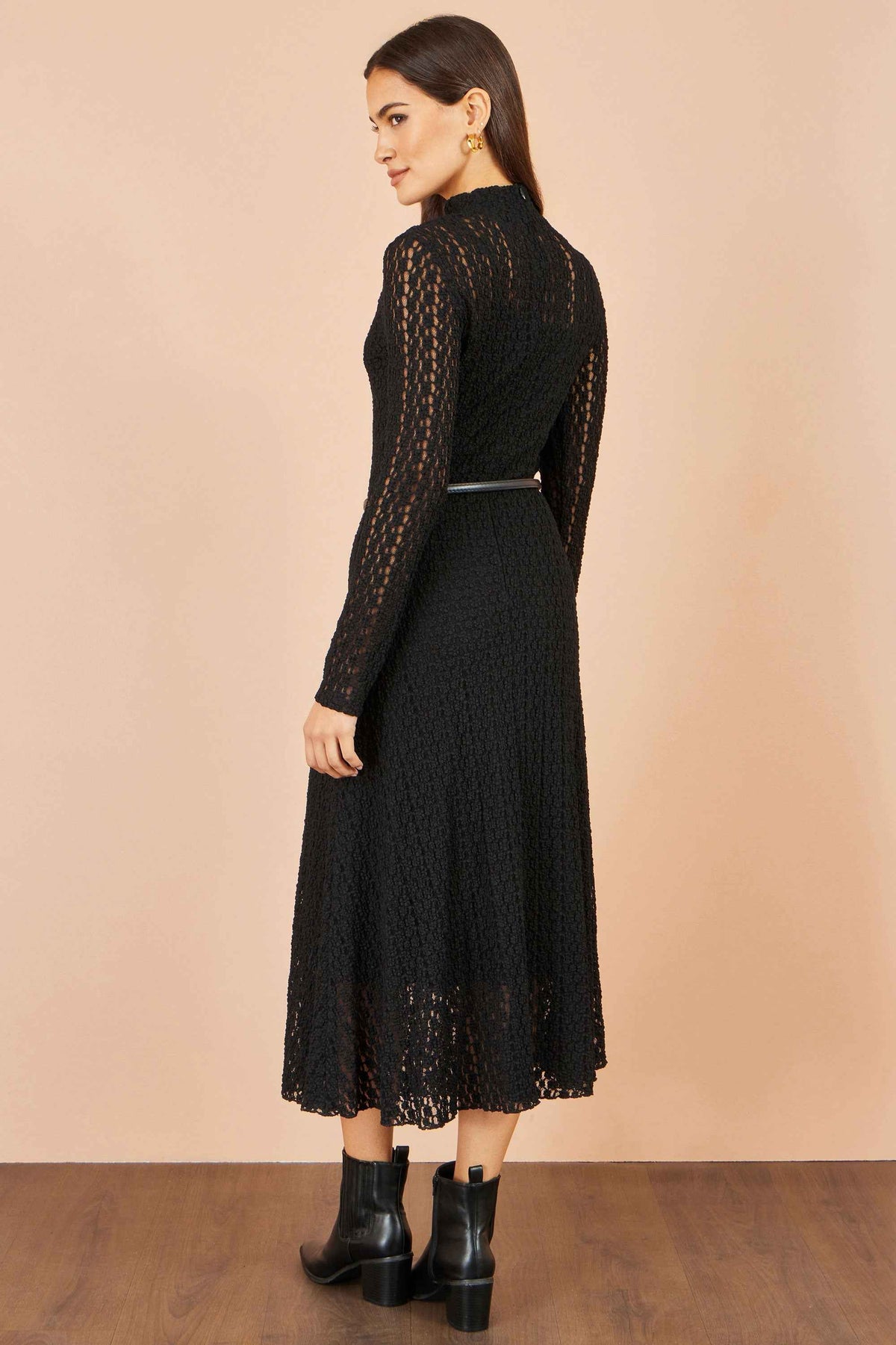 Yumi Black High Neck Lace Midi Dress