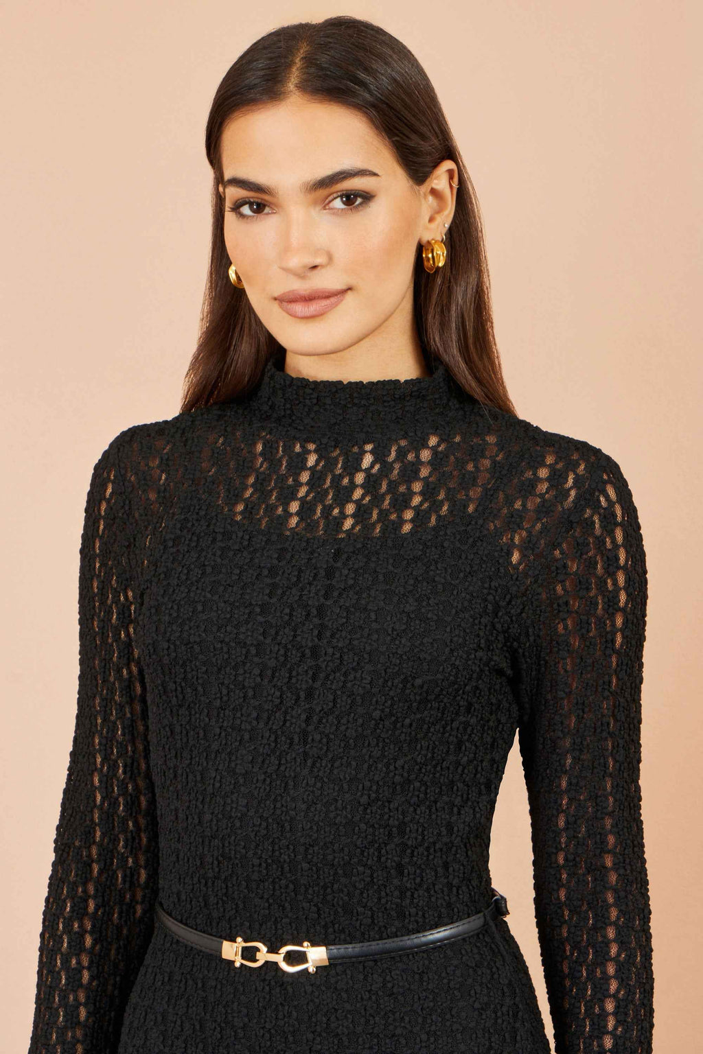 Yumi Black High Neck Lace Midi Dress