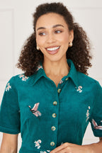 Yumi Teal Crane Embroidered Shirt Dress