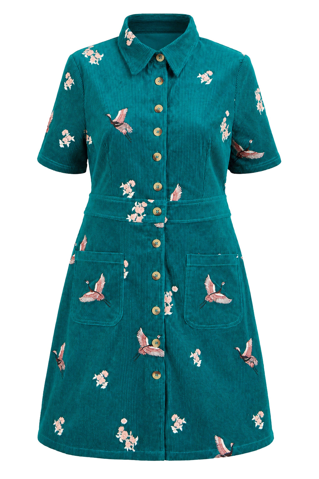 Yumi Teal Crane Embroidered Shirt Dress