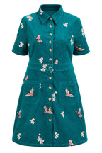 Yumi Teal Crane Embroidered Shirt Dress