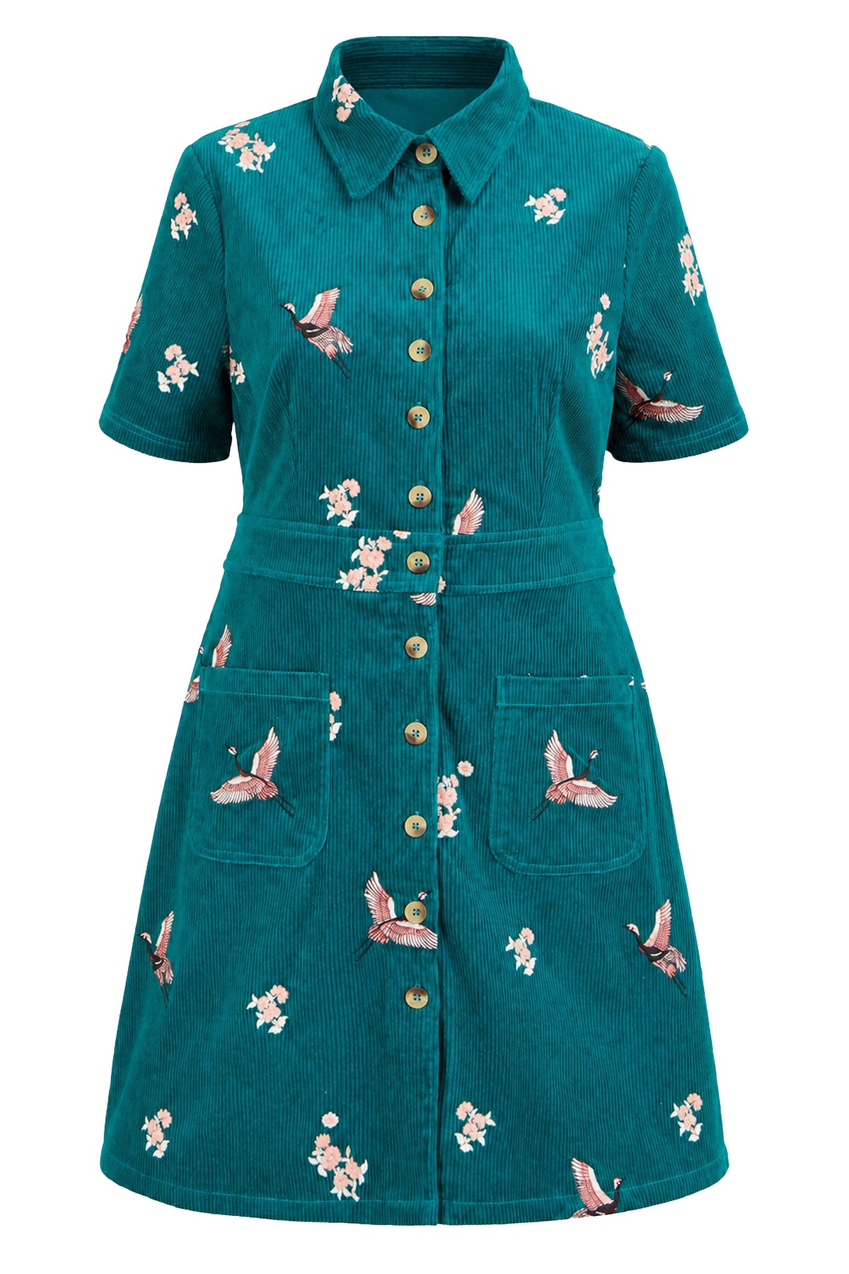 Yumi Teal Crane Embroidered Shirt Dress