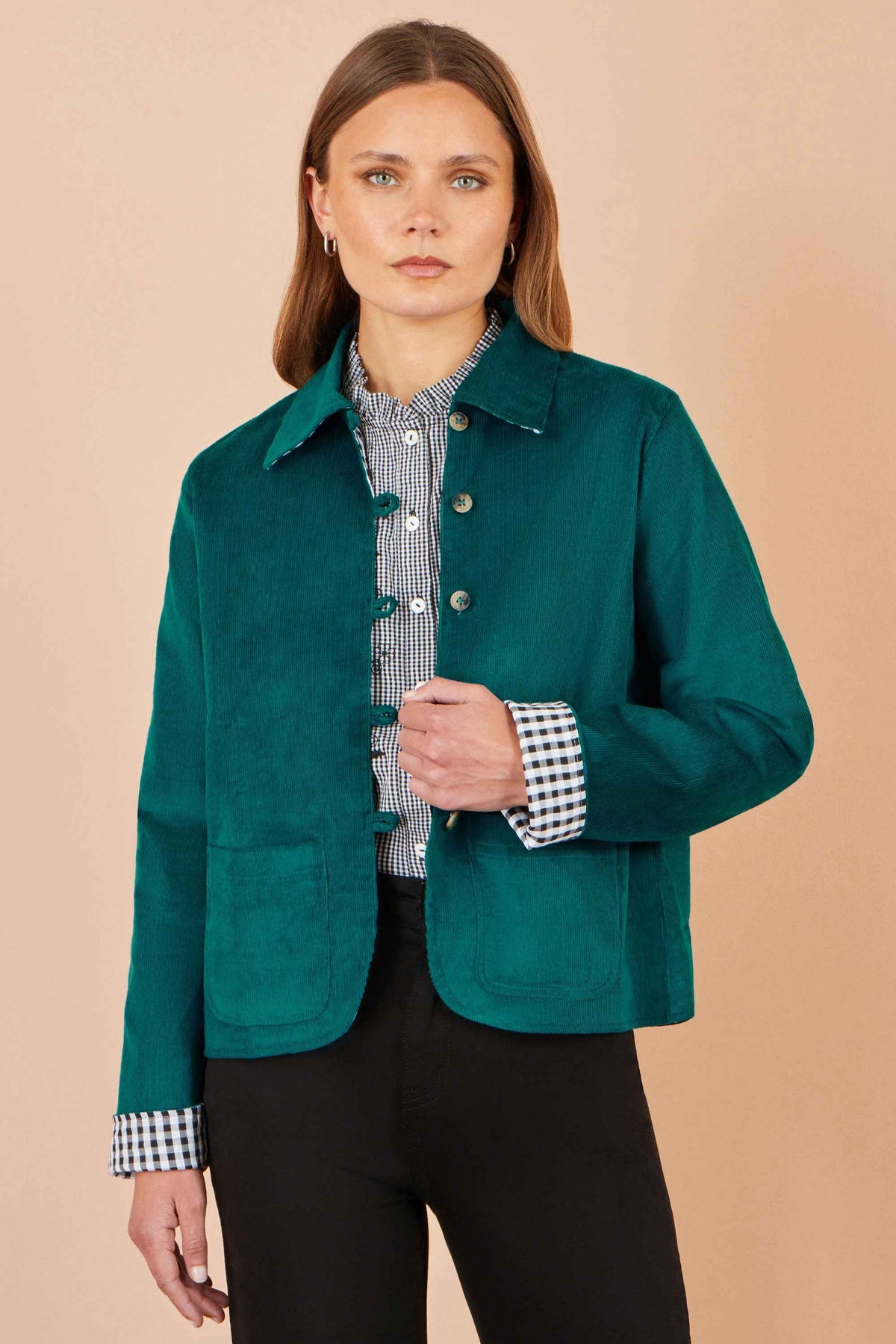 Yumi Teal Cord Reversible Gingham Jacket