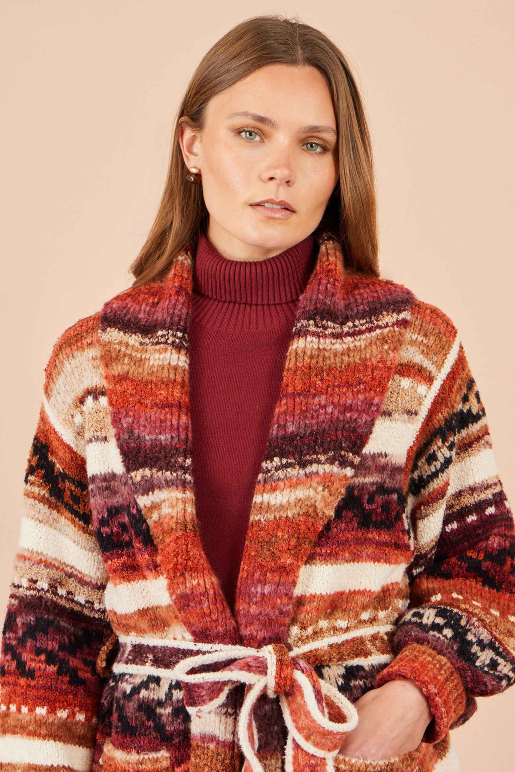 Yumi Orange Stripe Fairisle Soft Wrap Cardigan