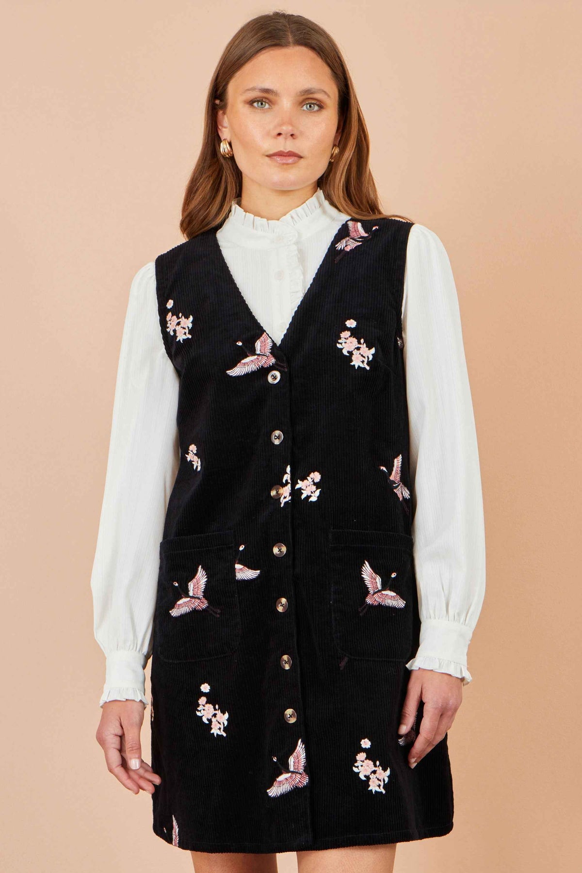 Yumi Black Crane Embroidery Button Up Pinafore Dress