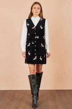Yumi Black Crane Embroidery Button Up Pinafore Dress