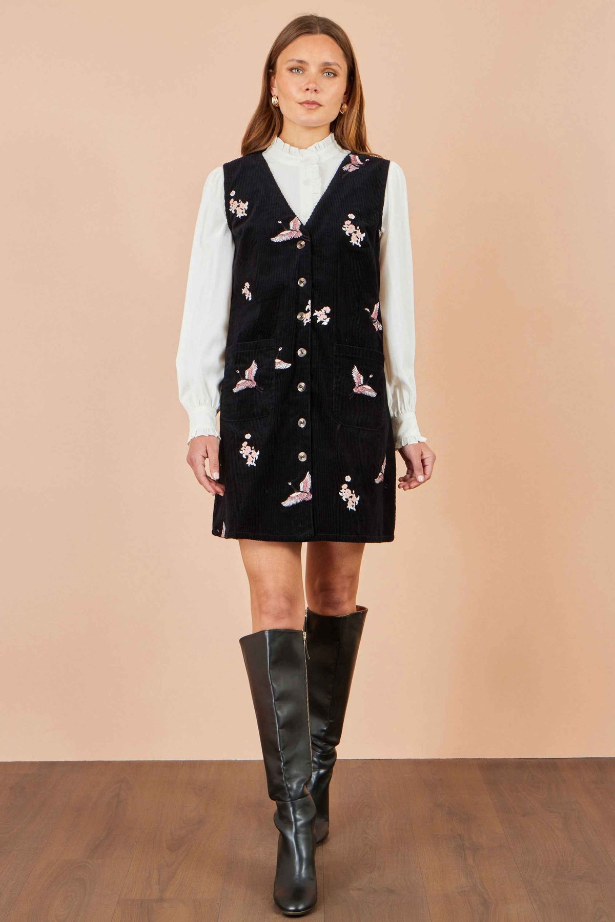 Yumi Black Crane Embroidery Button Up Pinafore Dress