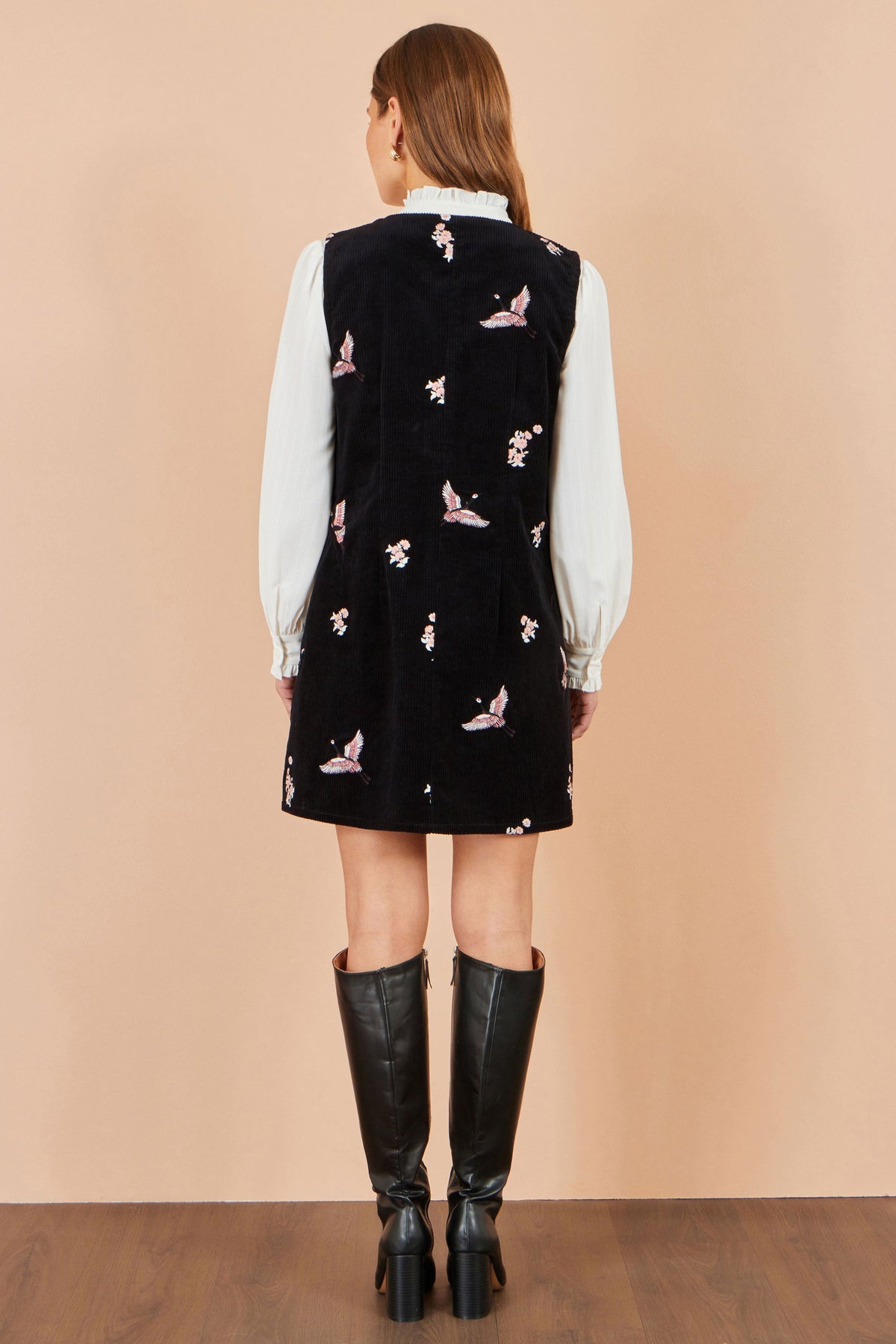 Yumi Black Crane Embroidery Button Up Pinafore Dress