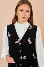 Yumi Black Crane Embroidery Button Up Pinafore Dress