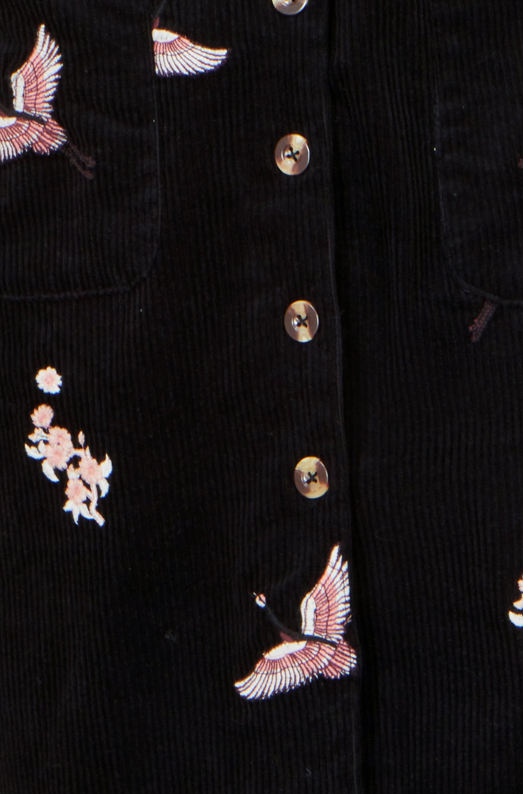 Yumi Black Crane Embroidery Button Up Pinafore Dress