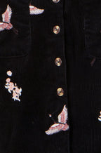 Yumi Black Crane Embroidery Button Up Pinafore Dress