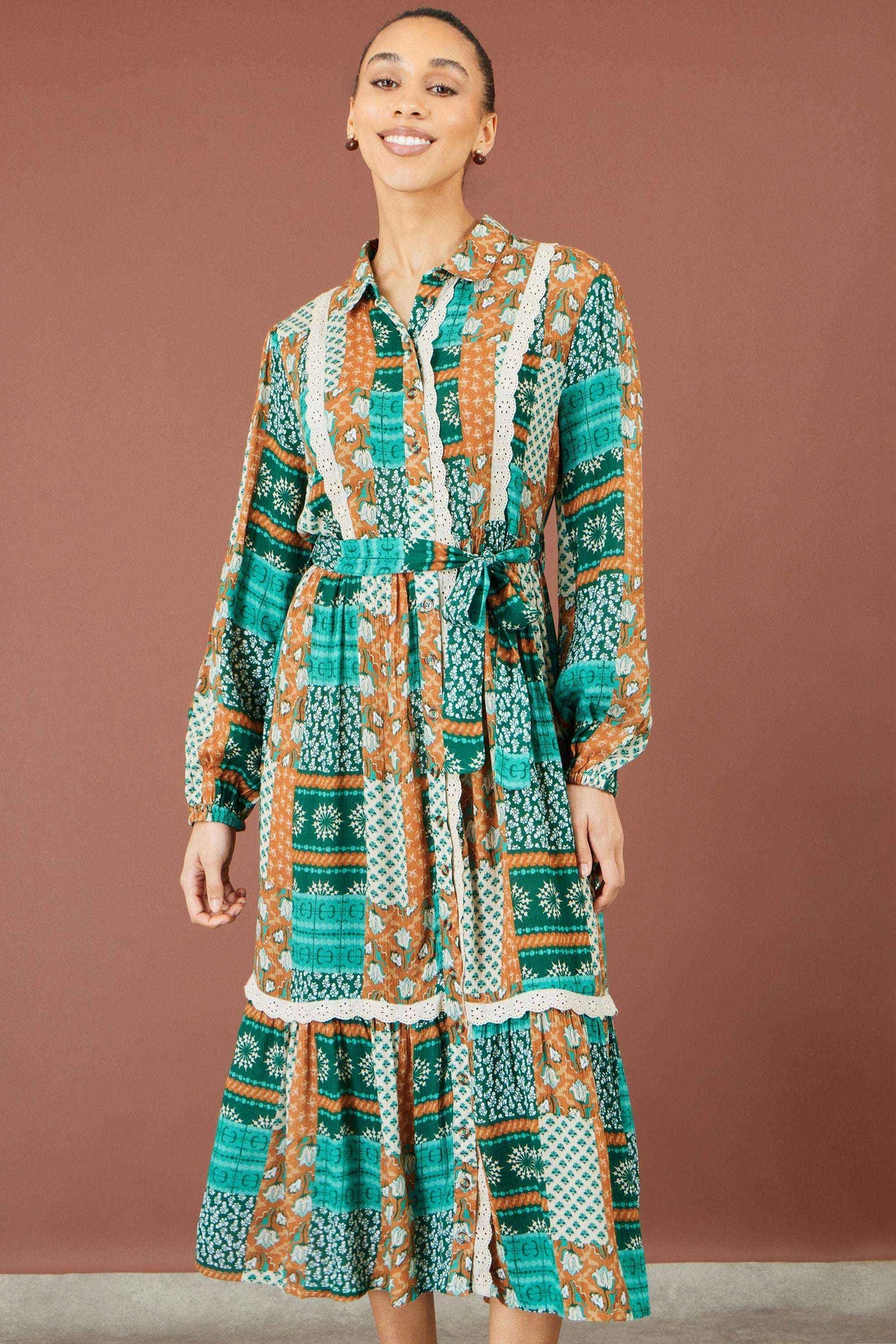 Yumi Multicolour Patchwork Viscose Midi Shirt Dress