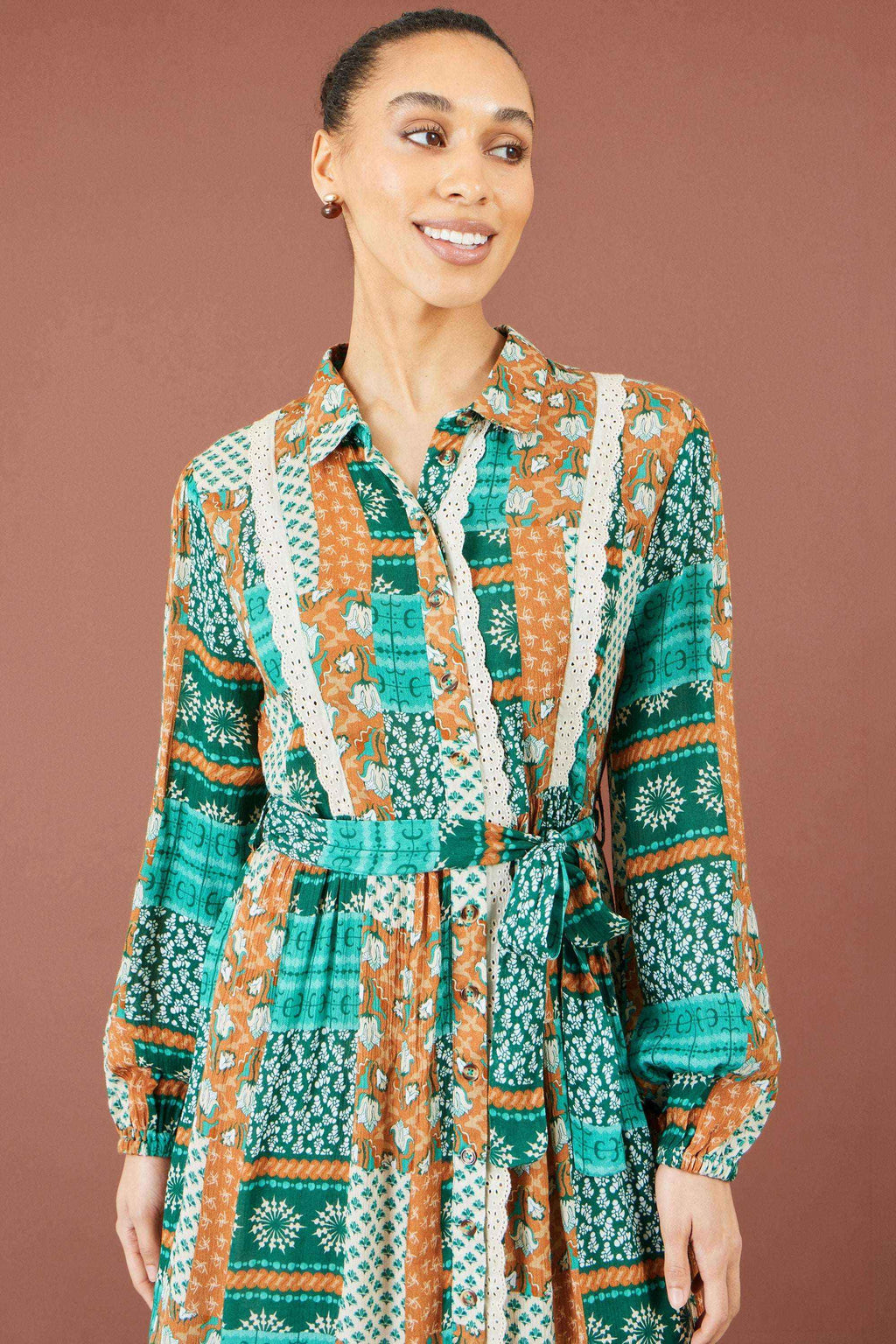 Yumi Multicolour Patchwork Viscose Midi Shirt Dress