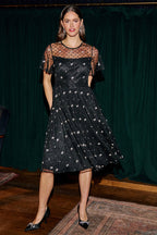 Yumi Black Embroidered Bow Mesh Prom Dress