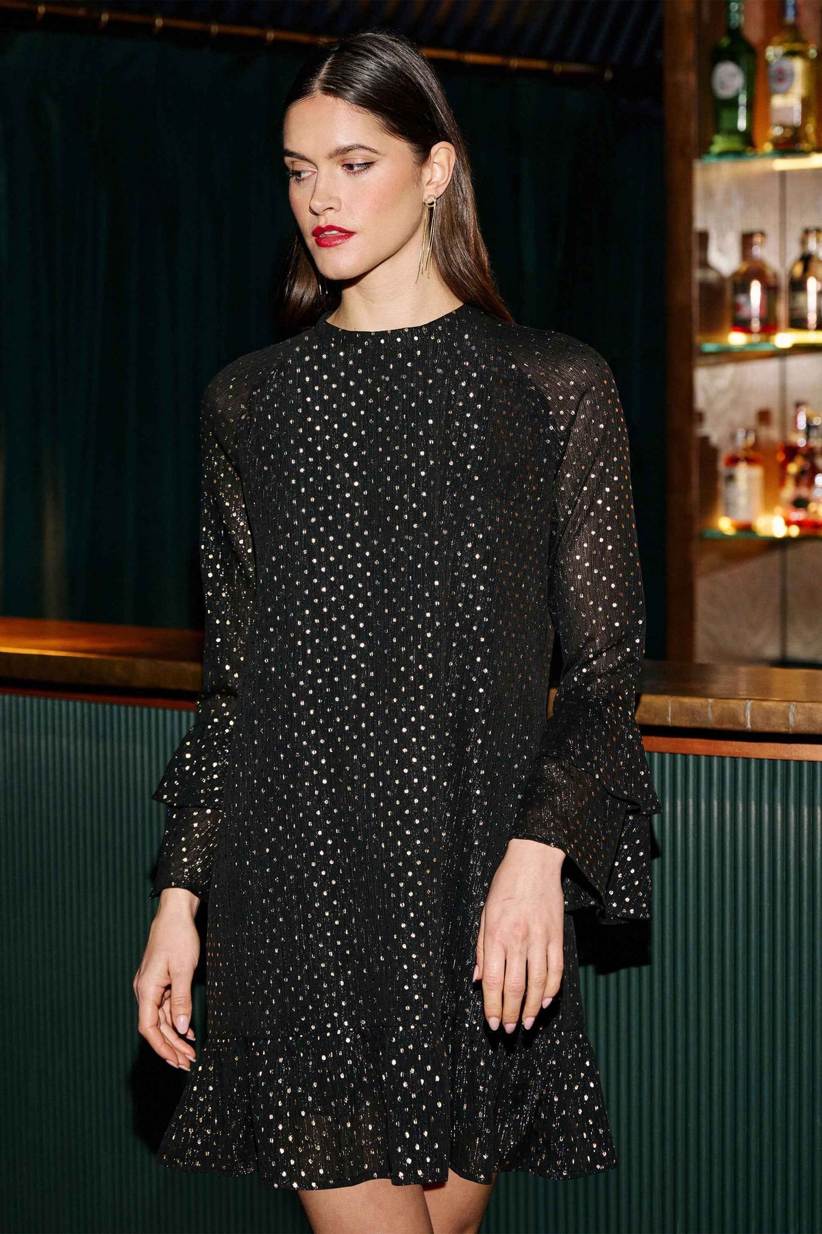 Yumi Black Foil Print Tunic With Flared Sleeves