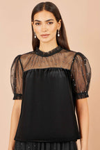 Yumi Black Velvet Mesh Embellished Top