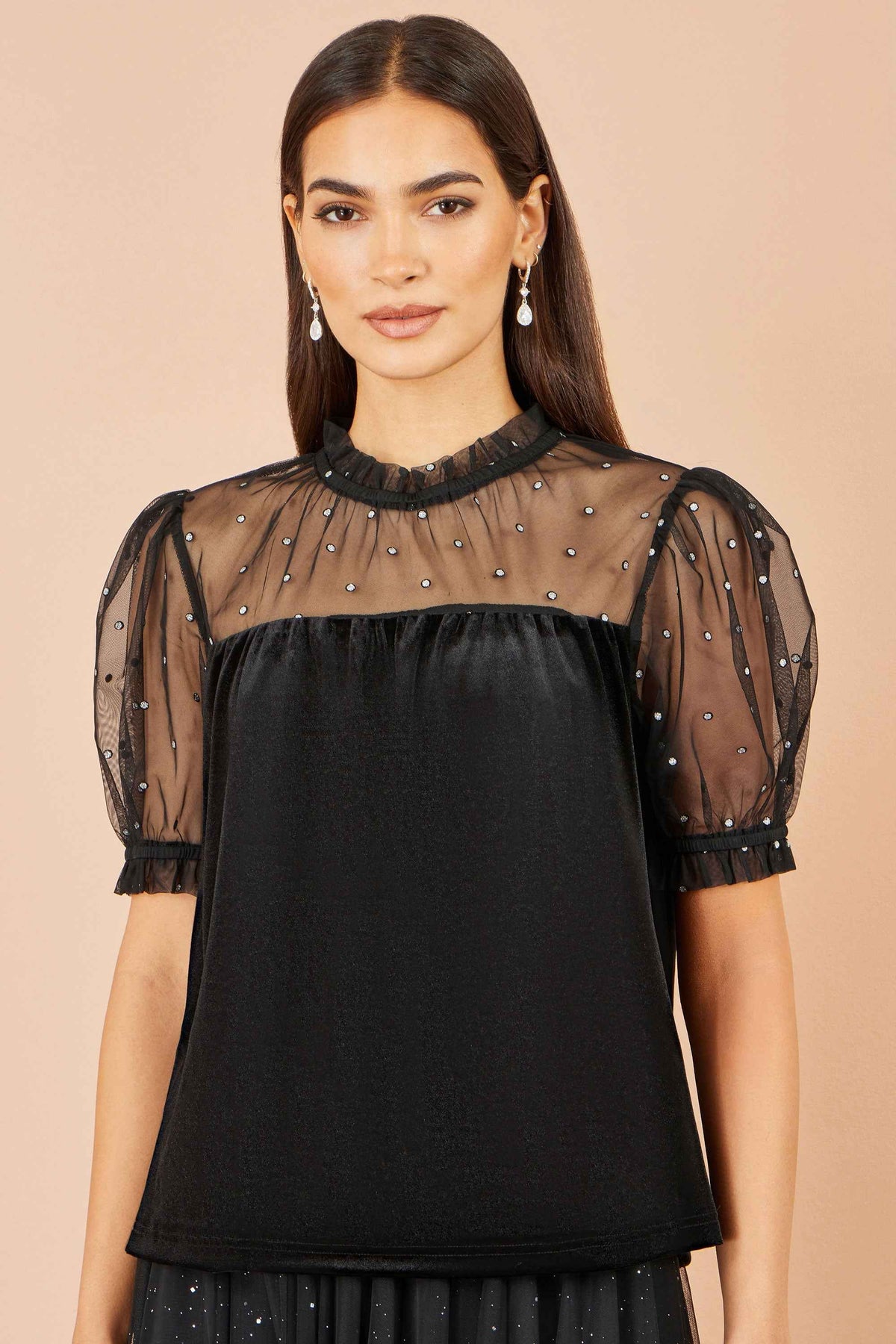 Yumi Black Velvet Mesh Embellished Top