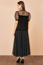 Yumi Black Velvet Mesh Embellished Top