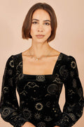 Yumi Black Velvet Cosmic Print Top
