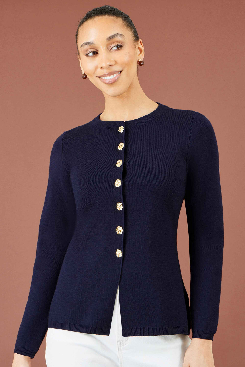 Yumi Navy Knitted Fitted Peplum Cardigan