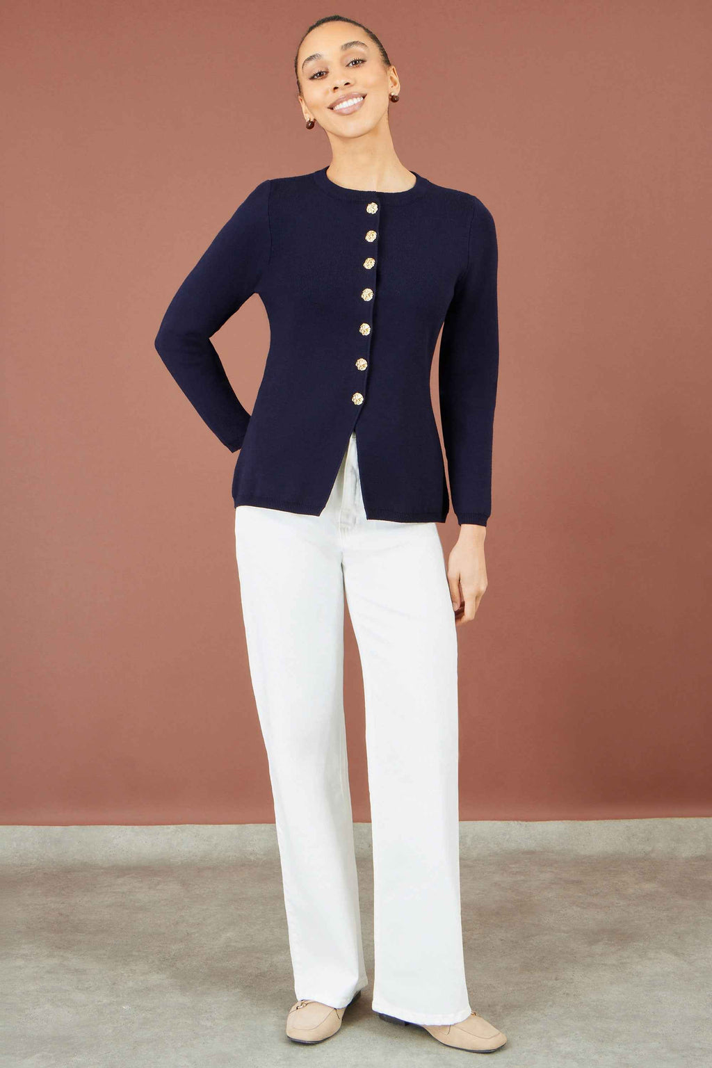 Yumi Navy Knitted Fitted Peplum Cardigan