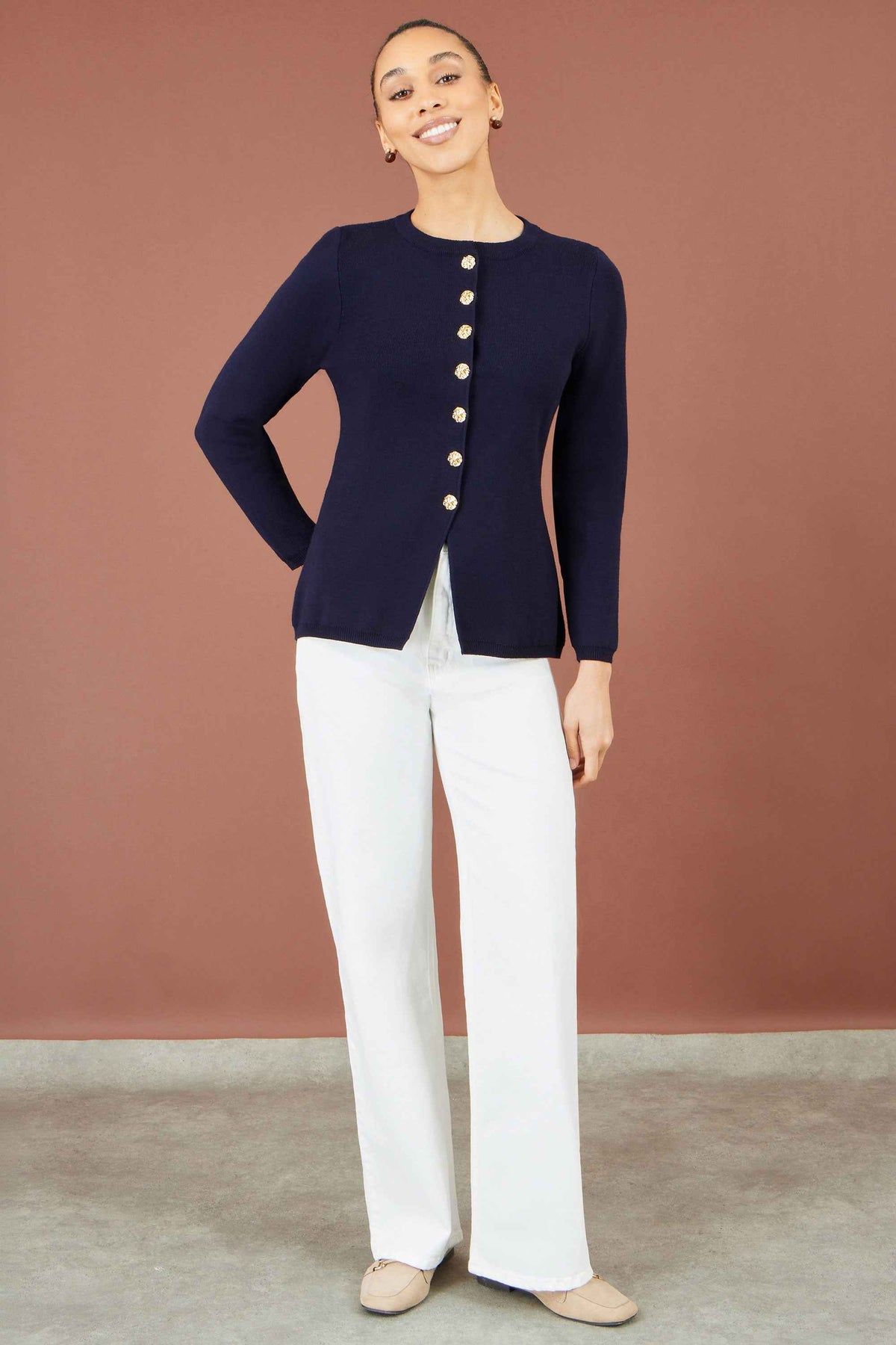 Yumi Navy Knitted Fitted Peplum Cardigan