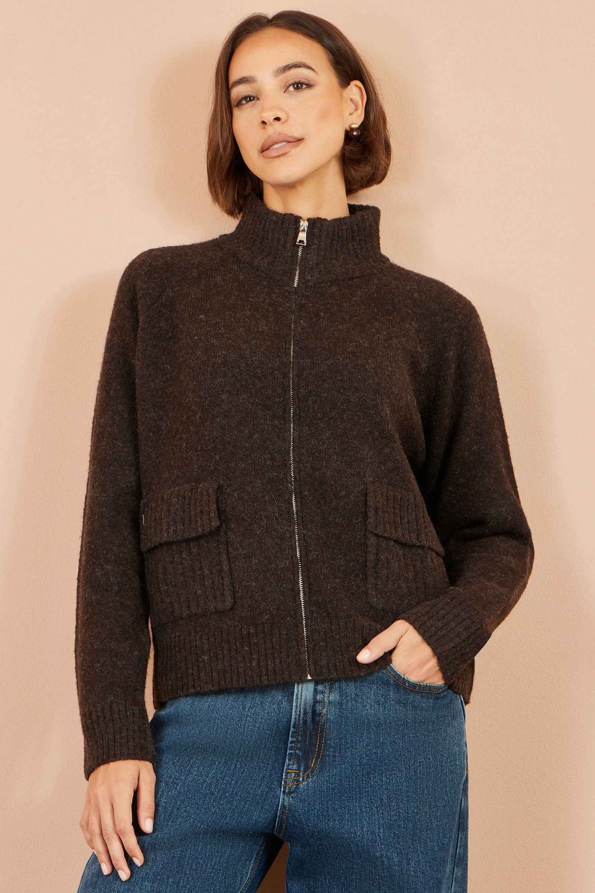 Yumi Brown Zip Up Cardigan
