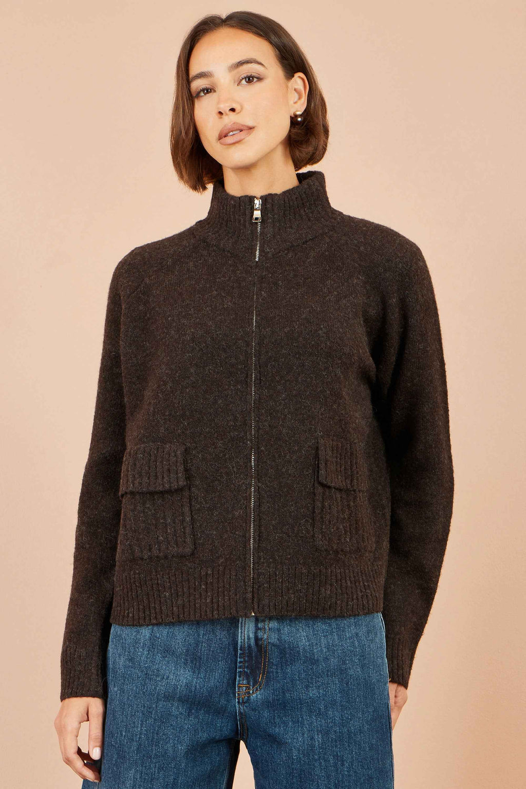 Yumi Brown Zip Up Cardigan