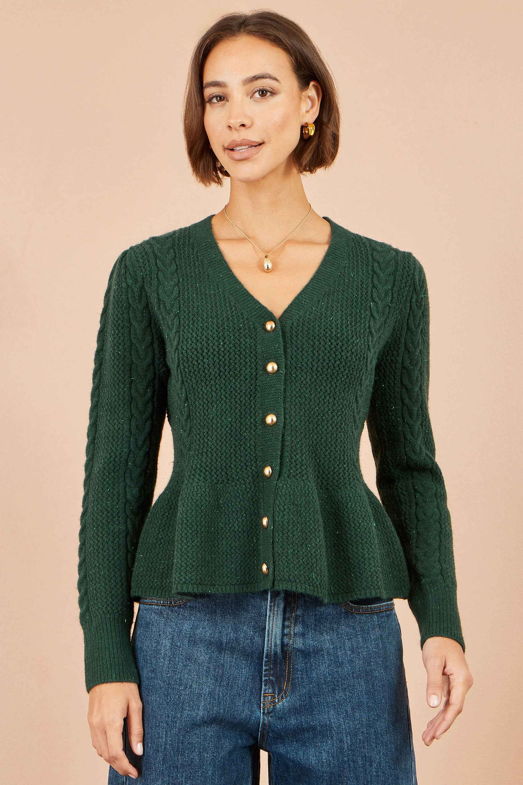Yumi Green Cable Knit Peplum Cardigan