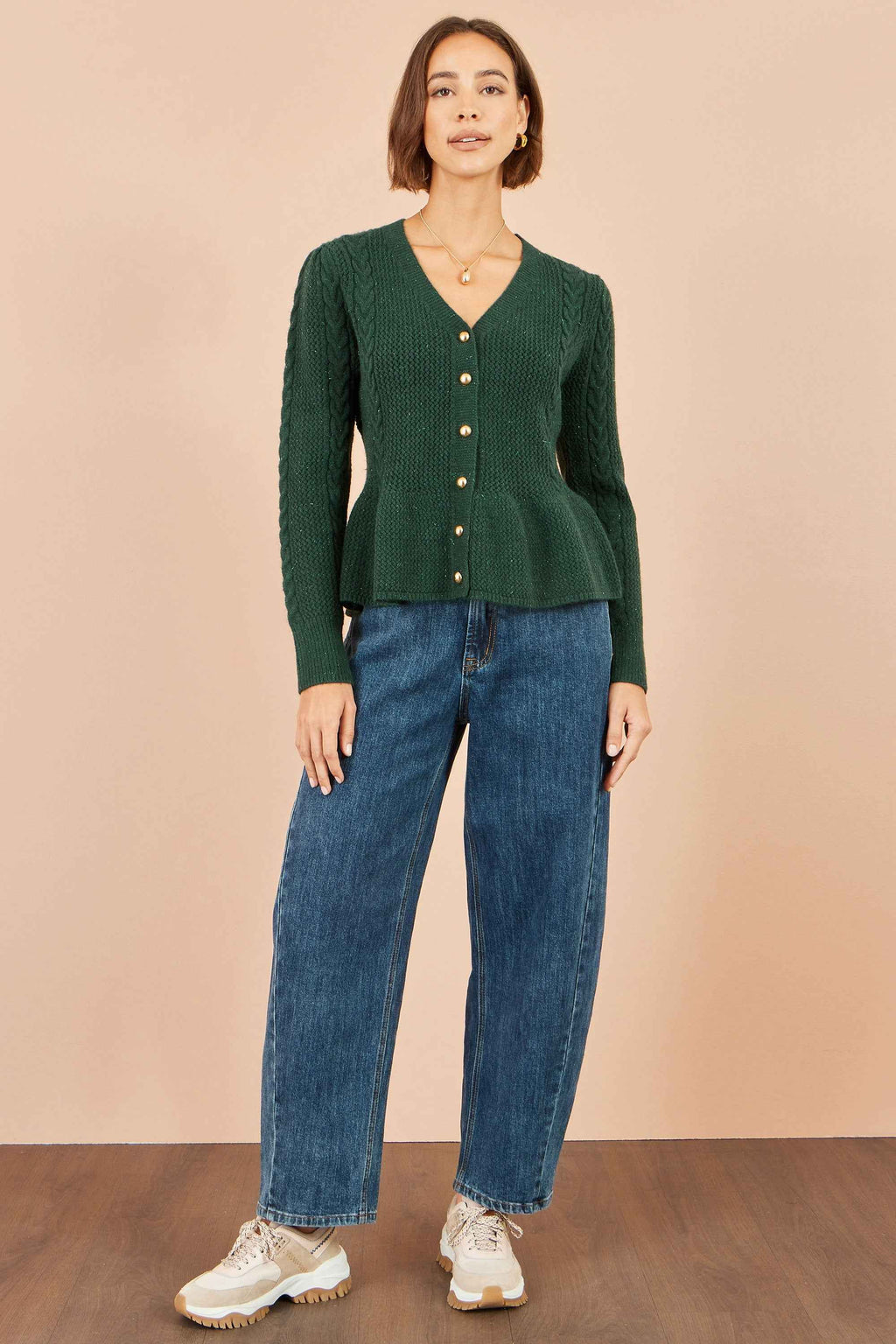 Yumi Green Cable Knit Peplum Cardigan